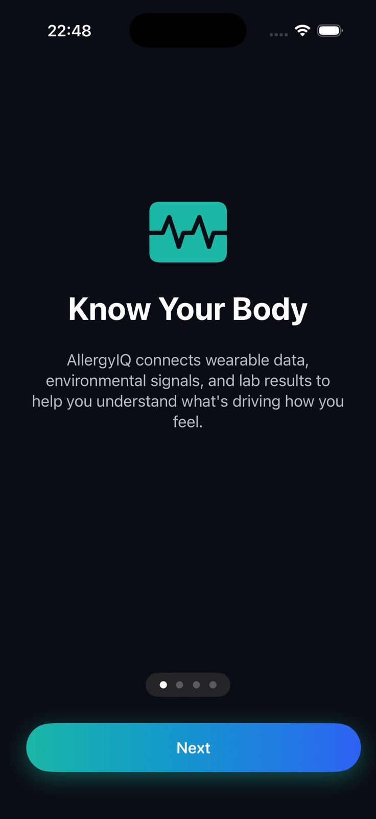 AllergyIQ-onboardingscherm op iPhone dat uitlegt hoe de app wearable-data, omgevingsgegevens en labresultaten samenbrengt om te verklaren hoe je je voelt.
